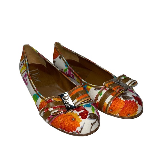 Dior Floral Print Flats - Orange and White - Picture 1 of 10
